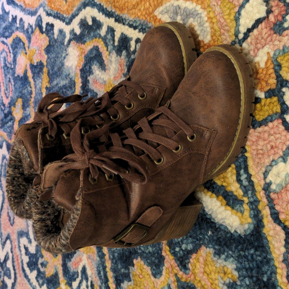 Combat lace up boots with block heels and knit cuff